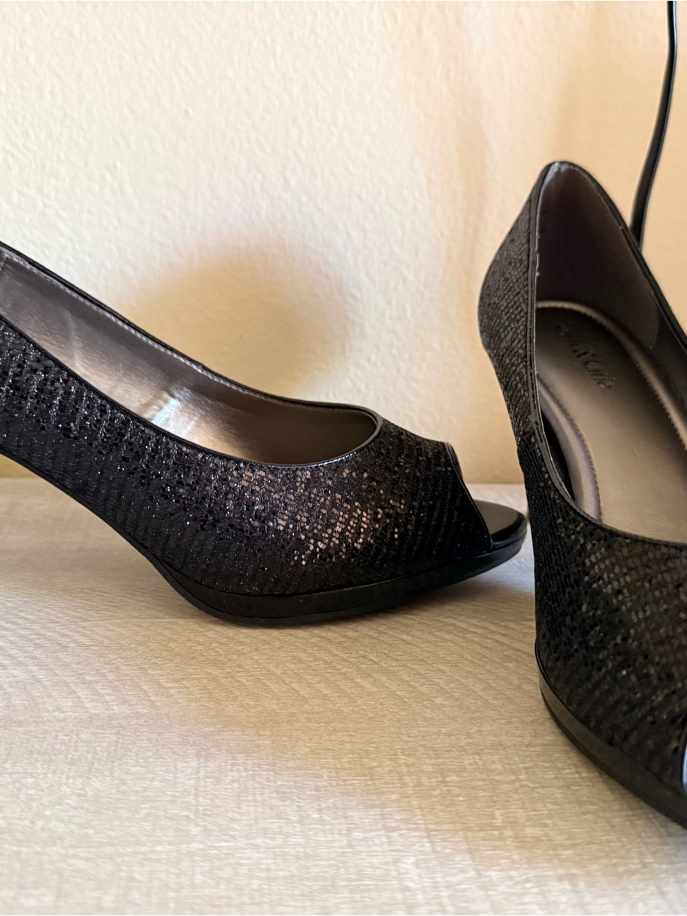 Kelly & Katie Black Sequin Peep-Toe Heels